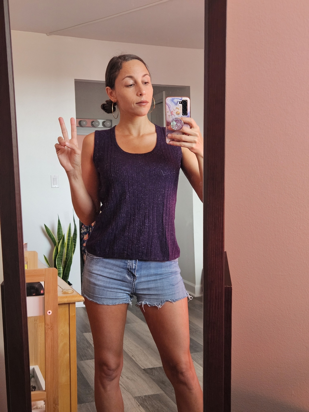 Purple Metallic Shimmer Ribbed Knit Sleeveless Tank Top Size Small Cache No Tag